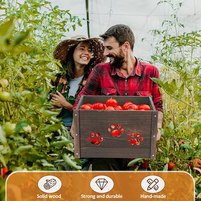 Wooden Crates 2 Pack, Hollow Claw Wooden Crates for Display & Storage, Farmhouse Handmade Wood Crate with Handles, Rustic Large Decorative Wood Crate Box for Display