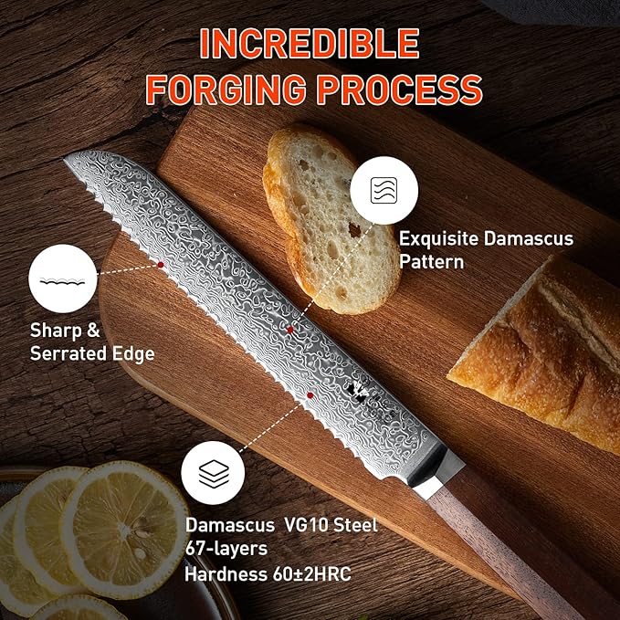 Serrated Bread Knife, 8 Inch Long Bread Knife for Homemade Bread with Damascus VG-10 Super Steel Core, Sharp 67-Layer Damascus Steel Cutting Knife with Natural Wood Handle