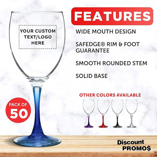 Custom Nuance Wine Glasses by ARC 10.5 oz. Set of 50, Personalized Bulk Pack - Restaurant Glassware, Perfect for Red Wine, White Wine, Cocktails - Blue