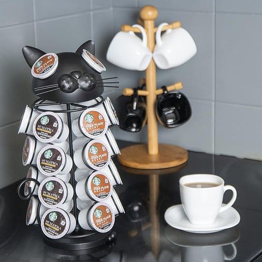 Made Easy Kit Carousel 360 Coffee Pod Holder, Compatible with Keurig K-Pods K-Cups, Countertop Rack Storage Organizer, Metal Home and Kitchen Decor, Capsule Café Station Bar (Small, Black Cat)