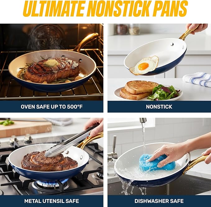 Gotham Steel 12 Pc Ceramic Cookware Set Nonstick, Ceramic Pots and Pans Set Non Stick with Steamer for Cooking, Non Toxic PFOA PFOS Free, Premium Stay Cool Handles, Oven & Dishwasher Safe