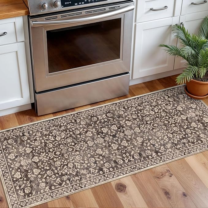 Vintage Washable 2x5 Rug Runner, Rust Brown Red Runners for hallways, Super Soft Kitchen Runner Rug Non Slip, Print Faux Wool Floral Thin Carpet Runner for Entryway Indoor Bedroom