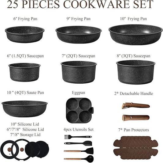 CAROTE Pots and Pans Set Non Stick, Cookware Sets, Kitchen Set, Oven/Dishwasher/Fridge Safe, Space Saving Pots Set, Nonstick Set with Versatile Detachable Handle, Induction RV Set, Black