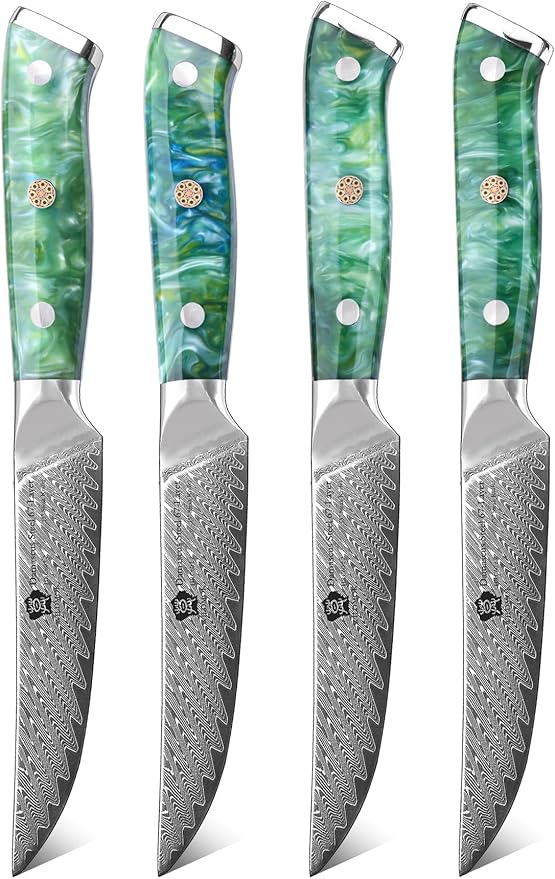 WILDMOK Steak Knives, 5 inch Non Serrated Steak Knife Set of 4, Japanese Damascus VG10 Steel Steak Knives, Dishwasher Safe Steak Knives, Premium Steak Knives Set with Gift Box
