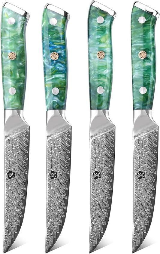 WILDMOK Steak Knives, 5 inch Non Serrated Steak Knife Set of 4, Japanese Damascus VG10 Steel Steak Knives, Dishwasher Safe Steak Knives, Premium Steak Knives Set with Gift Box