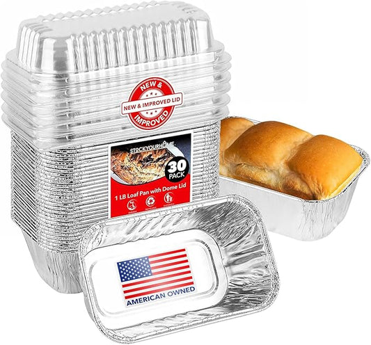 Stock Your Home Disposable Aluminum Mini Loaf Pans with Lids, 1 lb (30 Pack) New & Improved Plastic Dome Lid Foil Baking Tins, Tin Pans for Cake, Bread, Holiday Baked Goods Packaging