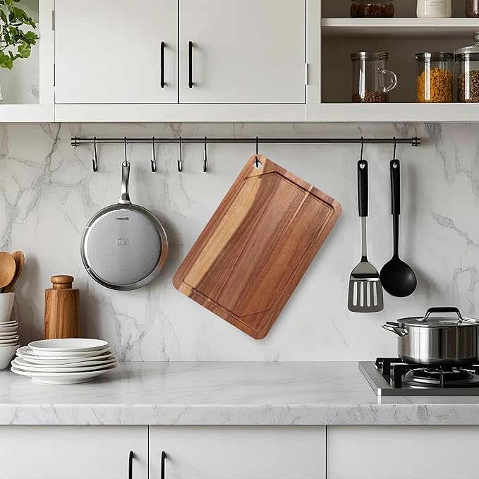 Wood Cutting Board For Kitchen, Acacia Wood Cutting Board Set of 3 with Juice Groove, Double-Sided Chopping Board Serving Board with Hanging Hole for Meat, Vegetables and Cheese