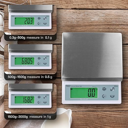 Polit Sun Lite IP65 Waterproof Food Scale 6.6lb/3kg, 0.1g/0.005oz Accuracy Kitchen Scale with LCD 304 Stainless Steel, Auto Precision Adjustment Grams & Ounces Baking Scale for Home, Kitchen