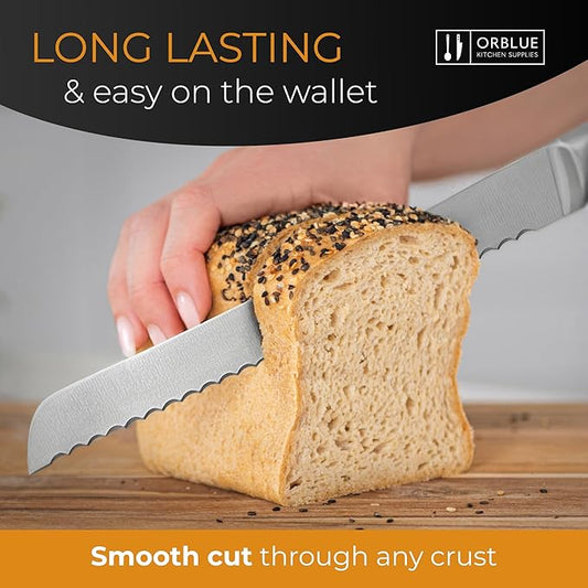 Orblue Serrated Bread Knife with 10-inch Upgraded Stainless Steel Razor Sharp Wavy Edge Width - Bread Cutter Ideal for Slicing Homemade Bagels and Cake