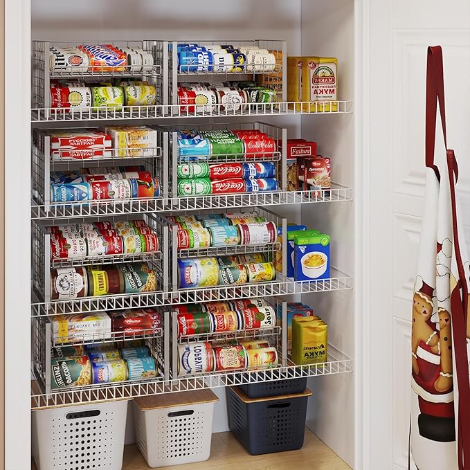 JKsmart 2-Tier Stackable Can Rack Organizer for Pantry, Adjustable Can Dispenser Holds Up to 62 Cans, Can Storage Holder for Various Ounces of Canned Food Soda Drinks, Silver, 2 Pack (Petent Pending)