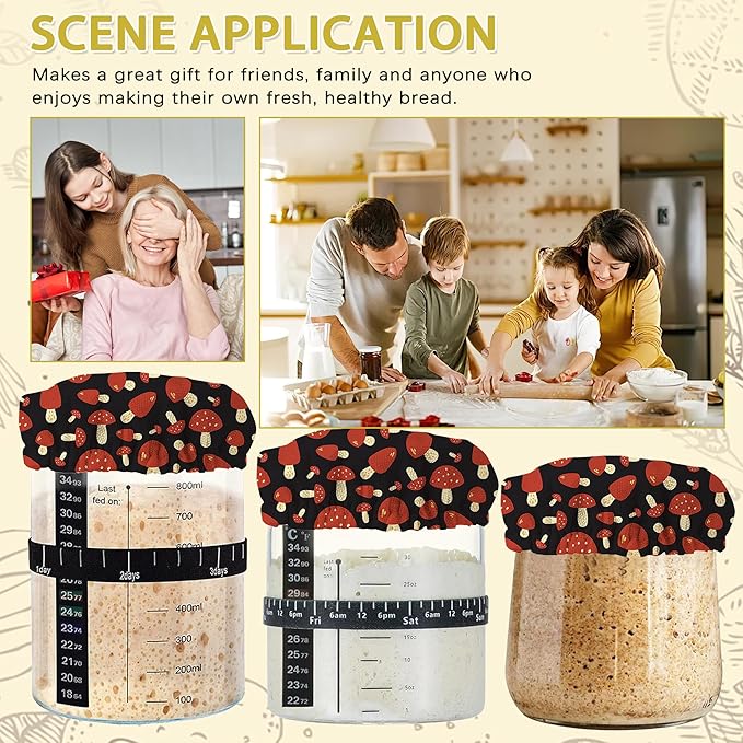 Sourdough Starter Jar Covers,5-Pack Reusable Red Mushrooms Cloth Lids for 3-4 Inch Jars,Ideal for Kombucha Kefir or Cheese Fermentation