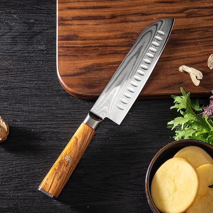 Damascus Santoku Knife 7 inch with VG10 Steel Olivewood Handle, Razor Sharp Kitchen Knife