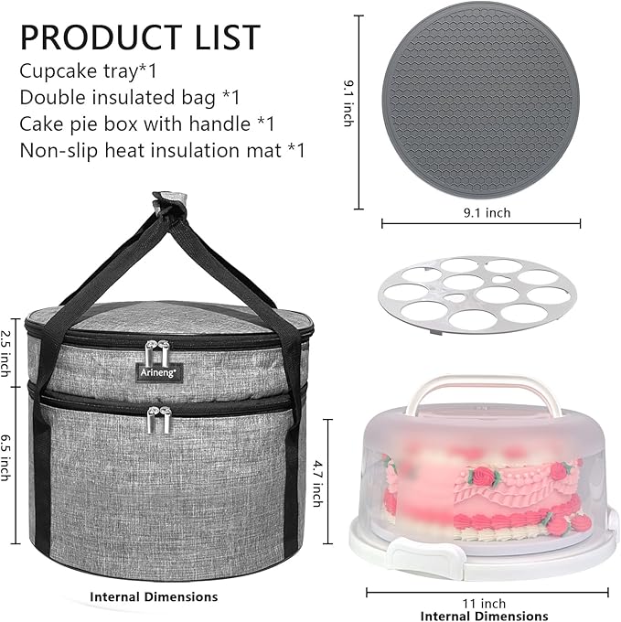 10 inch Round Cake Carrier Box with Lid and Handle, Transportation Insulated Bag for Cakes, Cupcakes and Pies, Triple Locking Design for Safe Transportation (Grey, 5.5 Inches High)