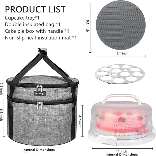 10 inch Round Cake Carrier Box with Lid and Handle, Transportation Insulated Bag for Cakes, Cupcakes and Pies, Triple Locking Design for Safe Transportation (Grey, 5.5 Inches High)
