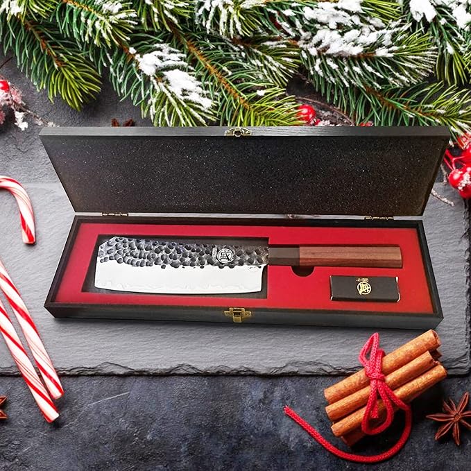 MITSUMOTO SAKARI Boning Knife 7 inch - Hand Forged Japanese Meat Cleaver Knives, 3-Layer 9CR18MOV High Carbon Steel, Rosewood Handle & Sandalwood Box