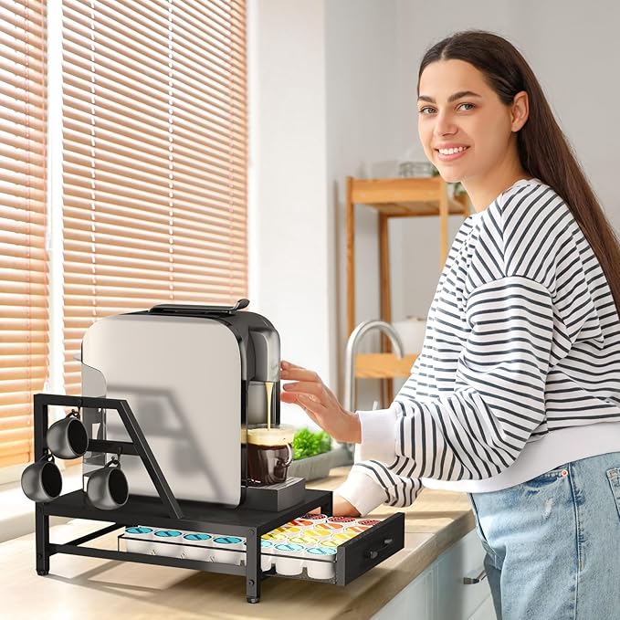 K Cup Holder Drawer - K Cup Storage Organizer, Coffee Pod Drawer with Hooks, Durable Iron-Wood Design, Space-Saving Coffee Station Organizer for Kitchen Counter