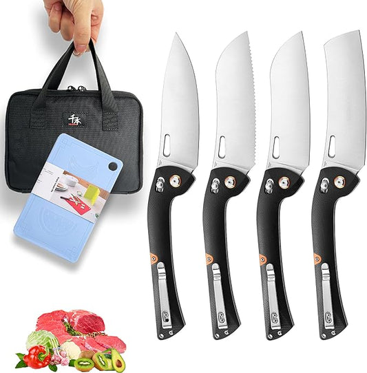 SENBON 440 Stainless Steel Super Sharp Pocket Folding Chef Knife - Peeling, Utility, Fruit Knife - G10 Handle - Camping, Barbecue, Outdoor - Clip, Portable