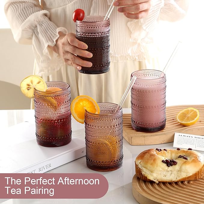 Vintage Hobnail Drinking Glasses Set of 8,Colored 12 oz & 15oz Highball Glass Cups, Kitchen Drinkware Glassware,Embossed Water Tumbler,for Beer,Cocktail,Whiskey,Juice and Various Mixed Drinks