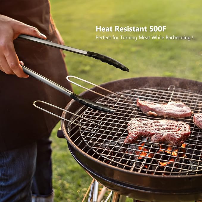 2 Pack Black Kitchen Tongs, Premium Silicone BPA Free Non-Stick Stainless Steel BBQ Cooking Grilling Locking Food Tongs, 9-Inch & 12-Inch