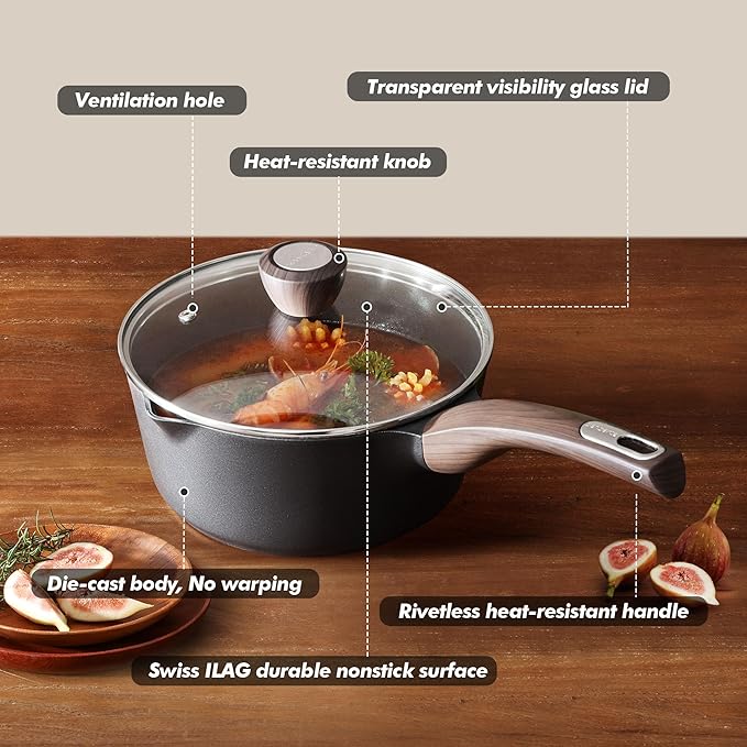 SENSARTE Nonstick Sauce Pan with Lid, 2.0 Quart Small Saucepan, Multipurpose Cooking Pot with Stay Cool Handle, Non toxic Kitchen Sauce Pot, Non stick Small Pot, Induction Comptable, PFOA Free