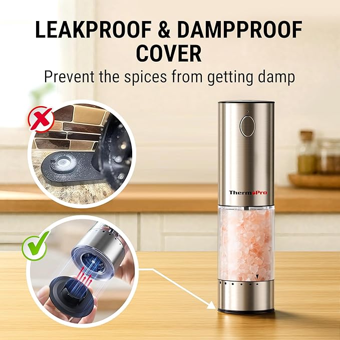 ThermoPro 110ml Electric Salt and Pepper Grinder Set Rechargeable, Automatic Pepper Grinder Shakers with External Adjustment, Refillable Pepper Mill Set with Dust Cover & LED light, Stainless Steel