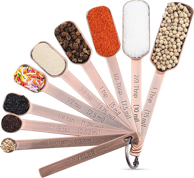 Copper Measuring Spoons Set 10, Stainless Steel Long Handle Metric & US Measuring Spoons for Kitchen & Baking, Spice Jar, with 1/16tsp, 3/3tsp, 2/3tbsp