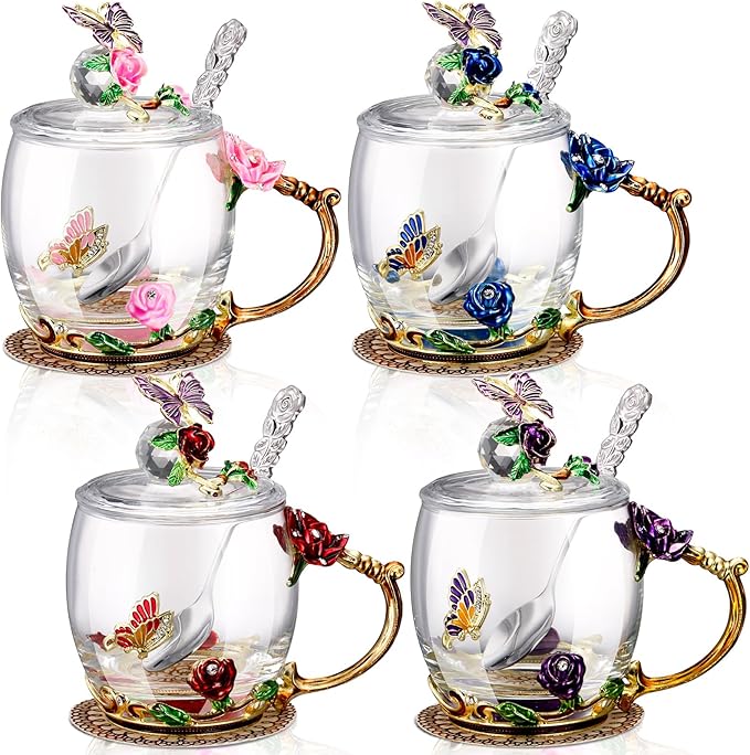 Nuanchu 4 Sets Flower Glass Tea Cups with Lids and Spoon Butterfly Vintage Glass Coffee Mugs Floral Fancy Clear Teacup for Christmas Women Mom Wife Girlfriend(Pink, Purple, Blue, Red,11 Oz,12 oz)