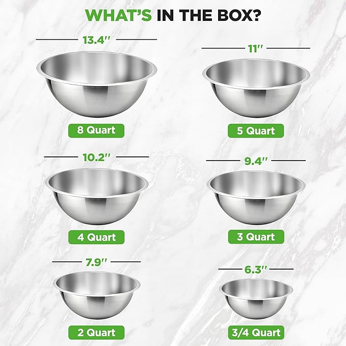 NutriChef 6-Piece Premium Stainless Steel Mixing Bowls - Heavy Duty Stackable Nesting Bowls - Kitchen Essentials for Food Prep, Marinating, Mixing Salad - Dishwasher Safe