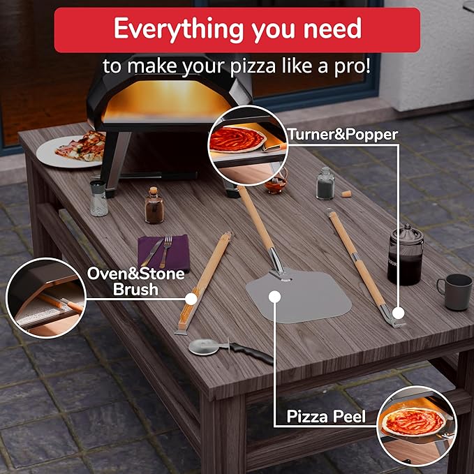 Pizza Oven Accessories Set - 3 Piece Pizza Making Kit with Pizza Peel, Pizza Oven & Stone Brush with Scraper, Turning Fork & Bubble Popper - Tools for Indoor Outdoor Brick Wood Gas Ovens