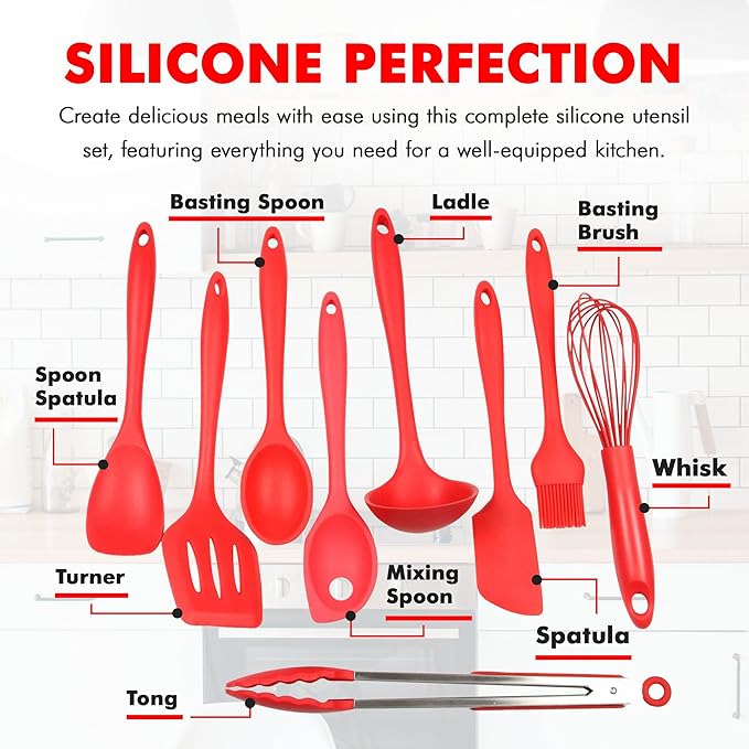 Chef Craft Premium Silicone Kitchen Tool and Utensil Set, 9 Piece, Red