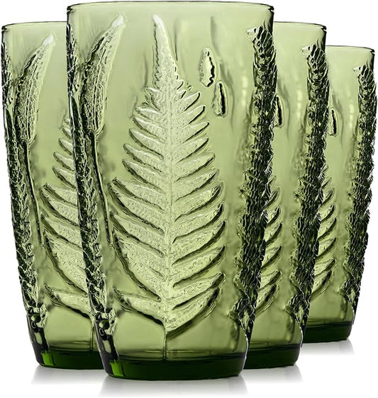 Vintage Green Drinking Glasses Set of 4 – 16 oz Hand-Blown Glass Tumblers, Heavy Textured Highball Cups, Antique-Style Colored Glassware, Retro Boho Aesthetic Drinkware – Unique Housewarming Gift