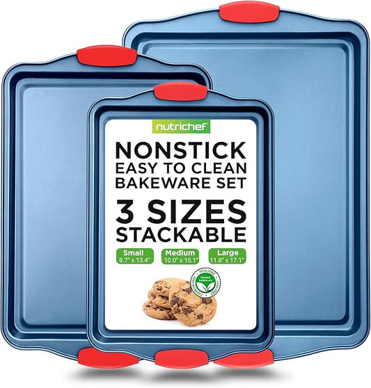 NutriChef Nonstick 3-Piece Baking Pans Set – Carbon Steel Bakeware with Blue Coating Inside & Outside and Red Silicone Handles, Durable and Reliable, Effortless Baking and Easy Cleanup (Blue)