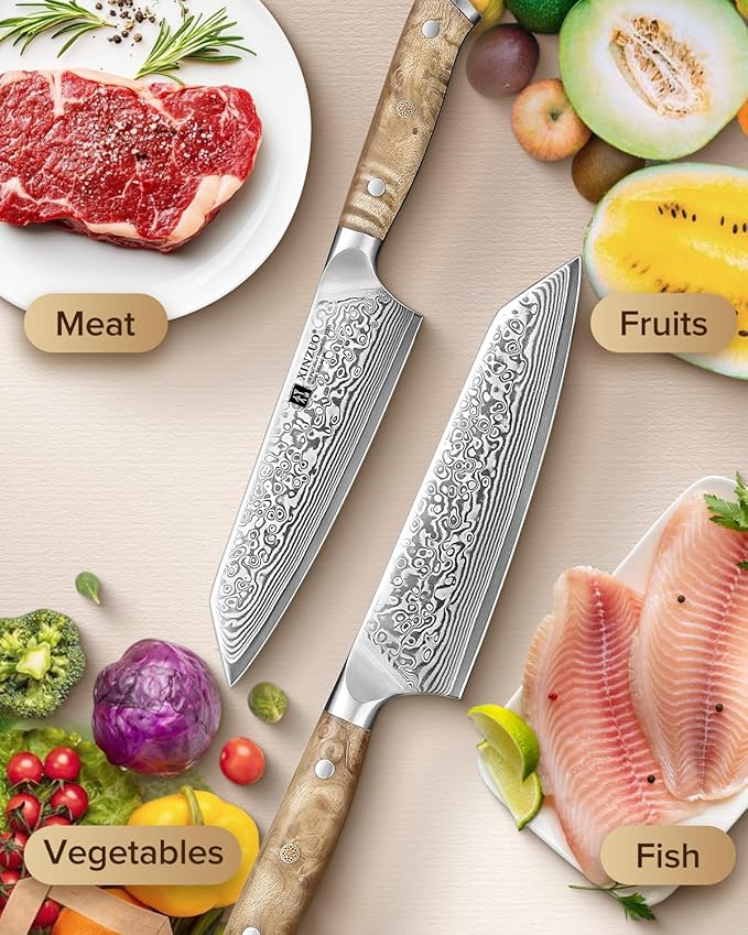 XINZUO Kiritsuke Chef Knife 5.8",Sharp Forged Damascus Stainless Steel Sharp Small Kitchen Knife,For Home & Restaurant,Full Tang Figured Sycamore Wood And Mosaic Copper Rivet Handle