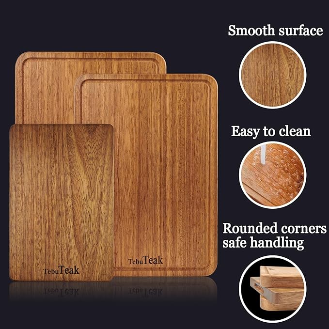 Solid Teak Wood Cutting Board Set - Single/One Piece Design Wooden Choping Boards Non Glued Knife-Friendly Durable Chopping Block for Kitchen Meat 13 x 8.7 IN & 10 x 6.3 IN (Includes Stand)