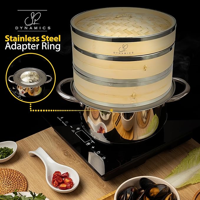 Bamboo Steamer Basket Set Chinese Cuisine 10-inch 2 Tiers Vegetable Steaming Basket for Cooking with Chopsticks, Sauce Dishes, and Reusable Liners - Dumpling Steamer Baskets
