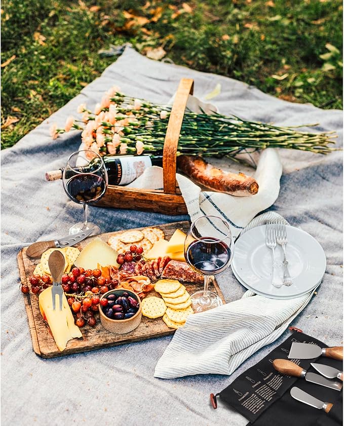 Esie Houzie Charcuterie Board Accessories - 6 Piece Cheese Knife Set Stainless Steel With Acacia Wooden Handle for Cheese Serving Cutting, Cheese Tools Butter Knife With Storage Bag Included Gift Set
