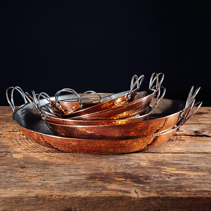 Sertodo Copper Alicante Paella style Cooking/Serving Pan, 10 Inch Diameter, Pure Copper, Heavy Gauge, Hand Hammered, Patented Stainless Steel Handles