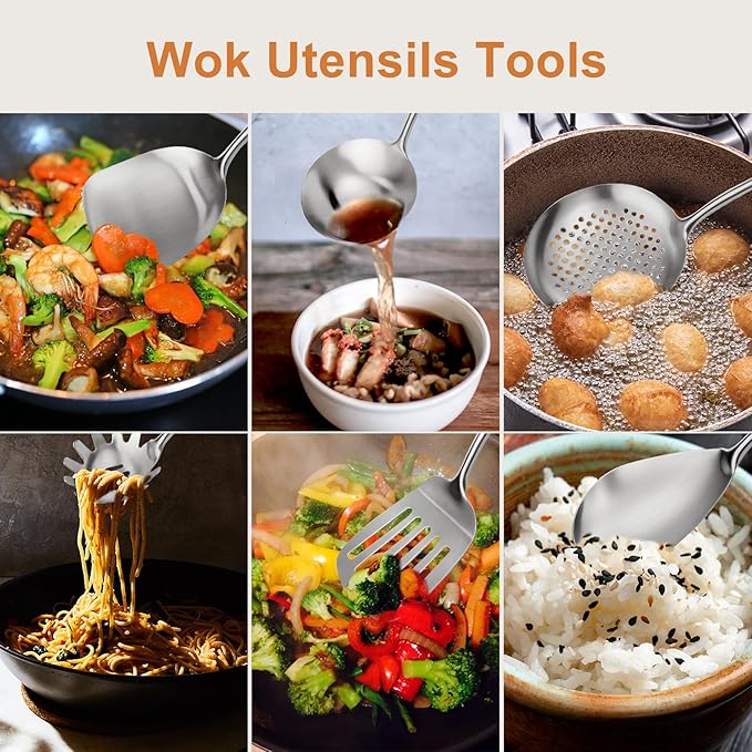 16.6 inch Stainless Steel Kitchen Utensils Set with Wood Handle, 6pcs Long Metal Cooking Utensils Set for Commercial Includes Wok Spatula, Ladle, Skimmer, Slotted Turner, Spoon