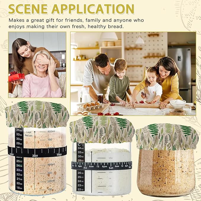 Vintage Green Leaves And Branches Sourdough Jar Cover Reusable Cloth Lid for Sour Dough Starter Jar,5 Pack Bread Fermentation Container Tops Elastic Fabric Caps