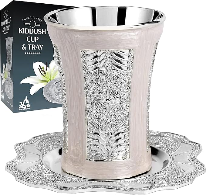 Ner Mitzvah Kiddush Cup and Tray - Premium Quality Marble and Silver Plated Wine Cup - For Shabbat and Havdalah - Judaica Shabbos and Holiday Gift