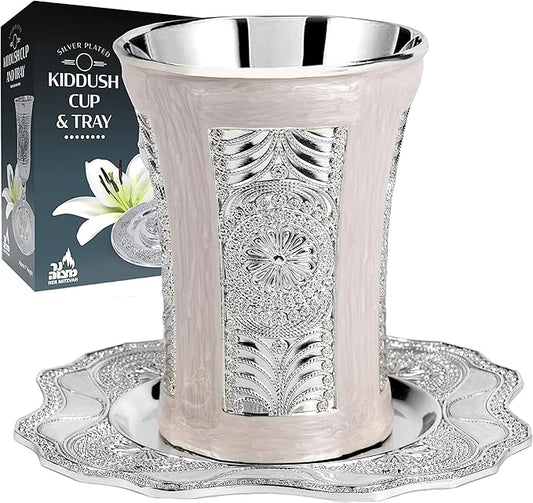 Ner Mitzvah Kiddush Cup and Tray - Premium Quality Marble and Silver Plated Wine Cup - For Shabbat and Havdalah - Judaica Shabbos and Holiday Gift