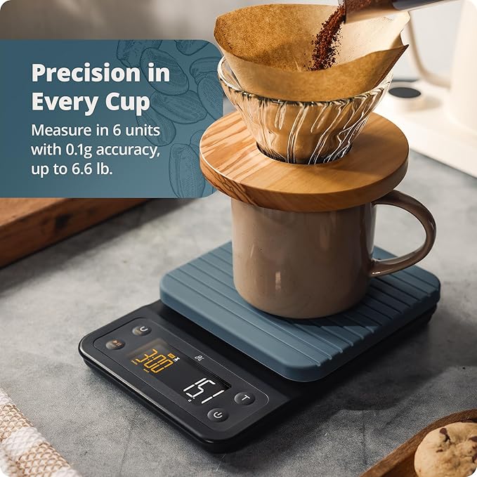 Greater Goods 0.1g Precision Coffee Scale with Timer โ 3kg Digital Scale for Pour-Over, Espresso, French Press, Kitchen Use (Stone Blue)
