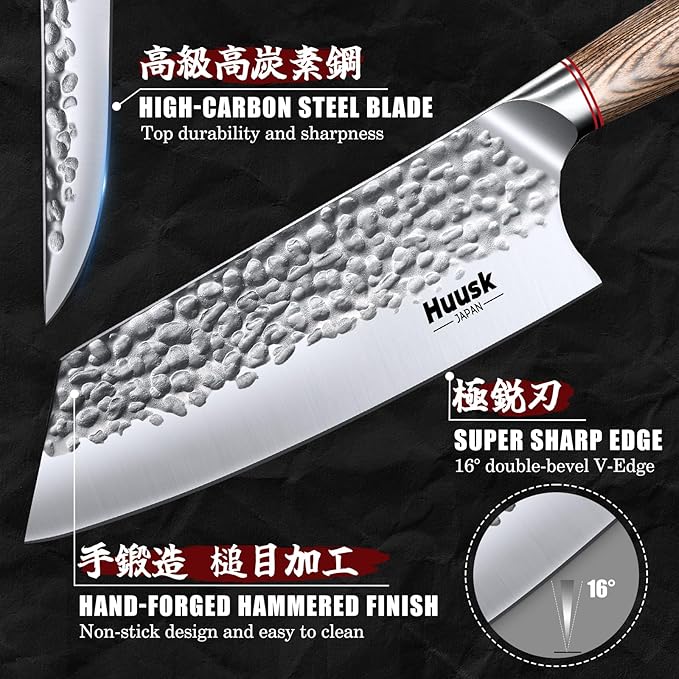 Huusk Kitchen Knife Set 3pcs - Japanese Nakiri Vegetable Knife, Meat Cleaver Boning Knife for Meat Cutting, Hand Forged Butcher Chef Knives Set for Kitchen Home Cooking, Father's Day Gifts for Men