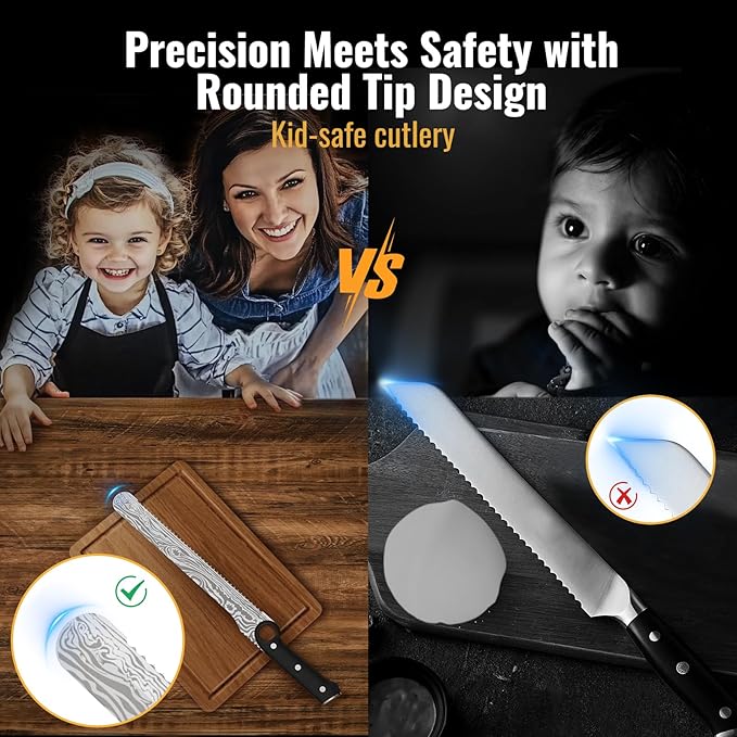 10-Inch Serrated Knife with Finger Ring, 5Cr15MoV Steel Blade, Full-Tang, Pakka Wood Handle, Damascus Pattern – Ideal for Bread, Fruits, and Vegetables