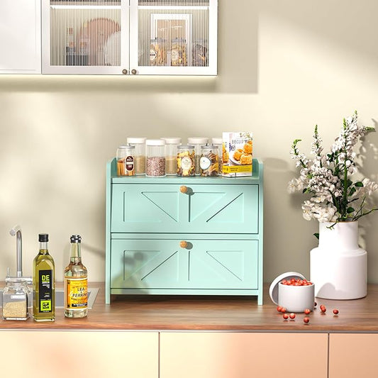 Bread Box for Kitchen Countertop, Double Layer Wooden Breadbox, Large Capacity Bread Storage Bin, Homemade Bread Storage Container, Farmhouse Breadbox Organizer, Green