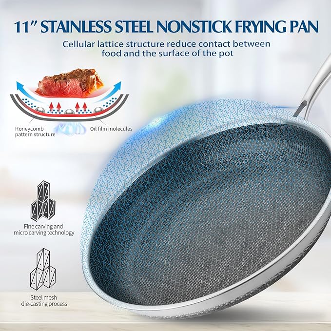 Non Stick Frying Pans, 10 inch Stainless Steel Nonstick Fring Pan with Honeycomb for Kitchen Cooking - Skillet for Cookware - Works with Induction Cooktop Ceramic and Gas.