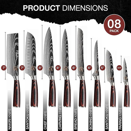 8 PC Chef Knives - High Carbon Stainless Steel Knives With Pakkawood Handles - NO Magnet or Block Included - Japanese Knife Set - Home & Professional Chef's Knife Set