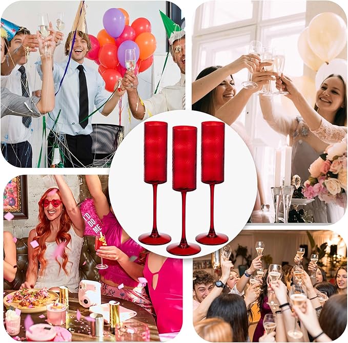 12 Pieces Red Champagne Flutes,6 OZ Twill Pattern Striped Vintage Stem Glasses Stemware Wine Glasses Champagne Long Stem Drinking Colored Glasses Goblets for Wedding Cocktail Cups,Cava, Prosecco