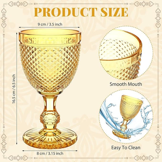 Bokon 6 Pack Amber Glass Goblets Set 10 oz High Clear Wine Glass Vintage Water Goblets Cups Embossed Diamond Design Glassware with Stem for Drinking Juice Liquor Party Wedding Bar