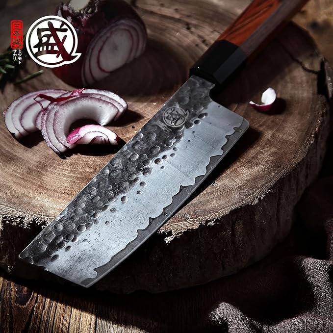 MITSUMOTO SAKARI Nakiri Chef Knife 7 inch - Hand Forged Japanese Kitchen Knives, 3-Layer 9CR18MOV High Carbon Steel, Rosewood Handle & Sandalwood Box